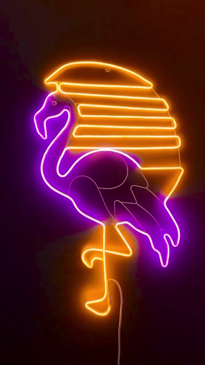80s Miami flamingo sunset neon decor