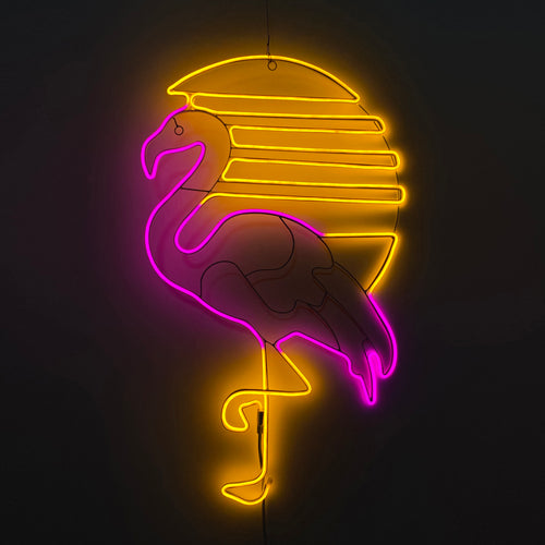 80s Miami flamingo sunset neon decor