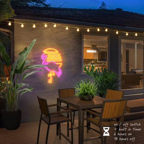 80s Miami flamingo sunset neon decor